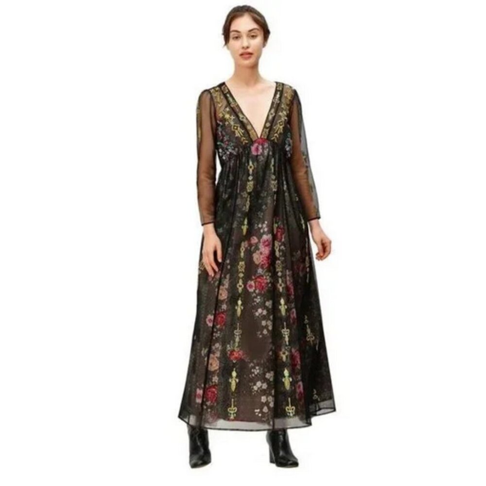 eshakti Black Floral Sheer V-Neck Maxi Dress